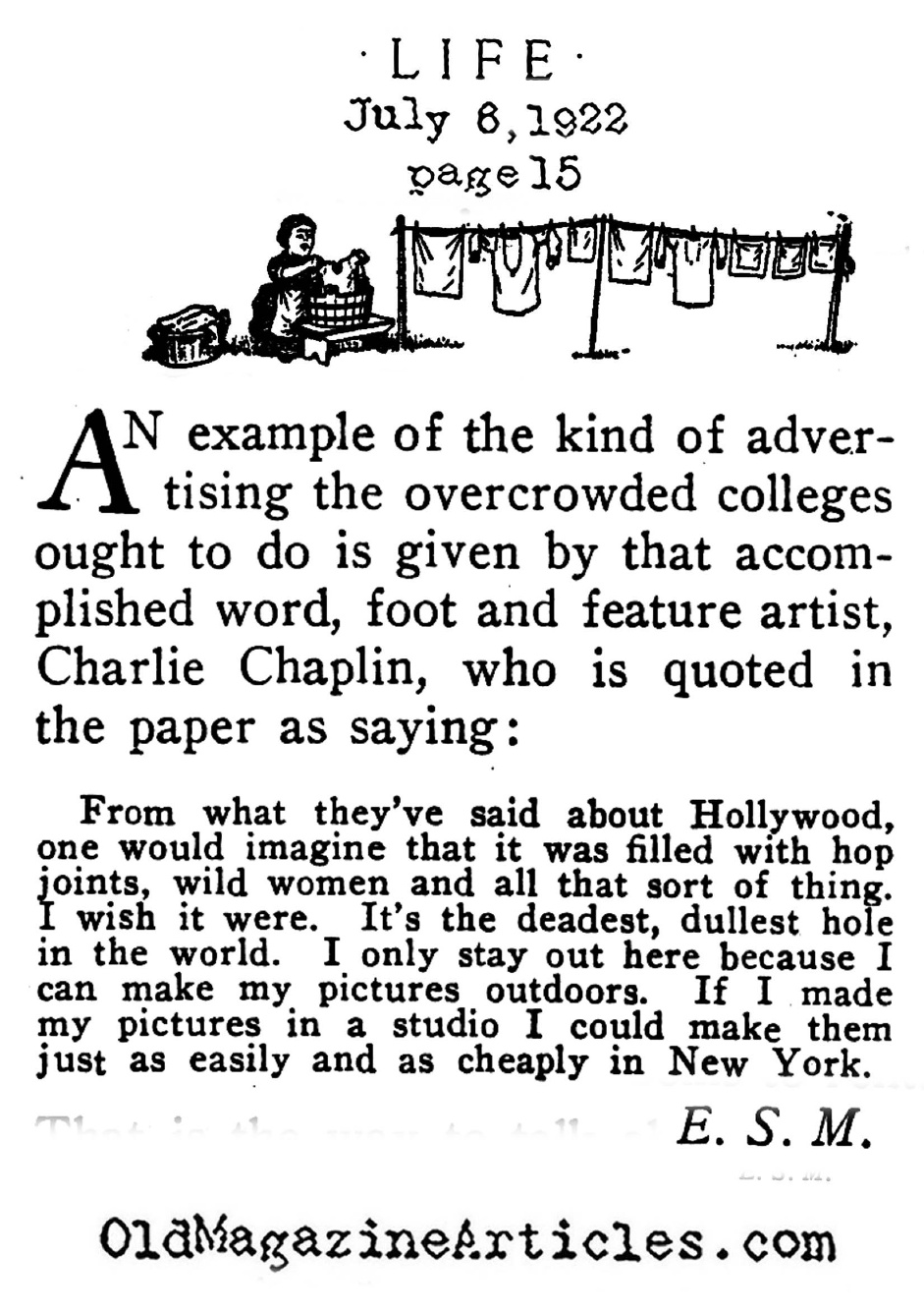 Charlie Chaplin Sounds-Off on Hollywood  (Life Magazine, 1922)
